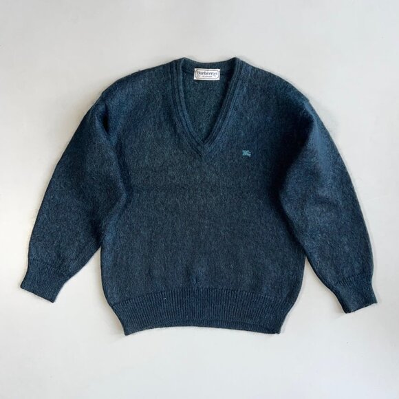 Vintage Burberrys of London Blue Mohair Wool V-Neck Sweater - S